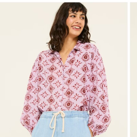 FatFace Ebby Heather Purple Tile Patch Geo 100% Cotton Blouse Size Small - Picture 2 of 12